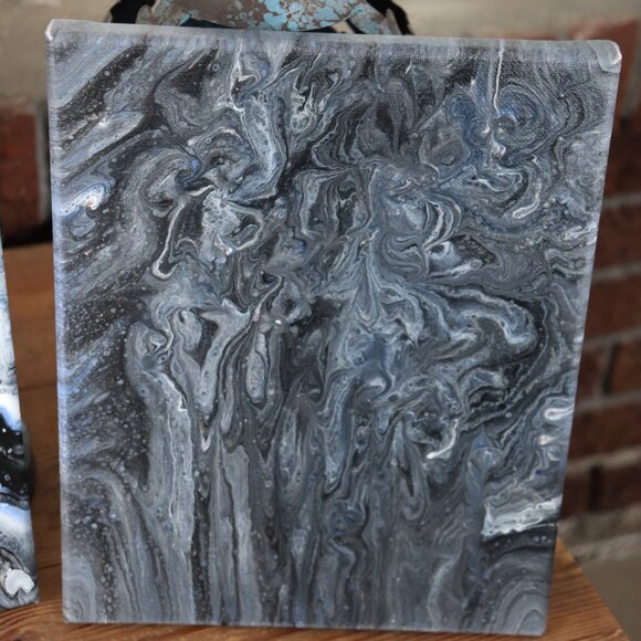 Set of Three Canvas Paintings * Set * Paint Pour * Blue / Black / White / Gray - Picture 5 of 7